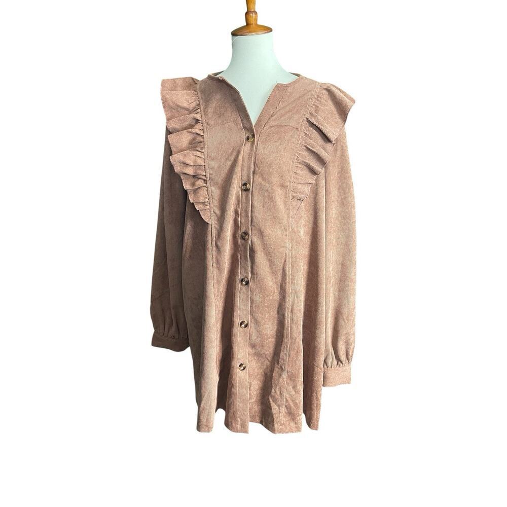 Shein Corduroy Button Up Dress with Ruffles Brown Women Size XL New Without Tags - Picture 8 of 10